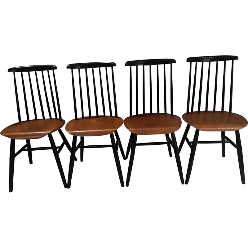 Suite de 4 chaises scandinaves bicolores en bois 1960