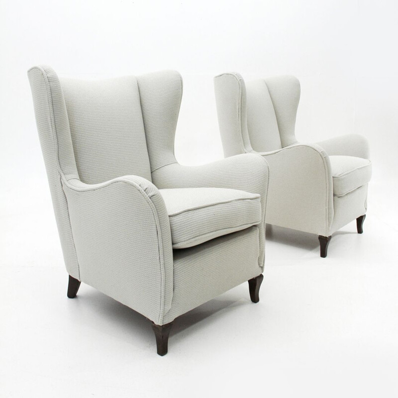 Suite de 2 fauteuils vintage italiens en tissu blanc