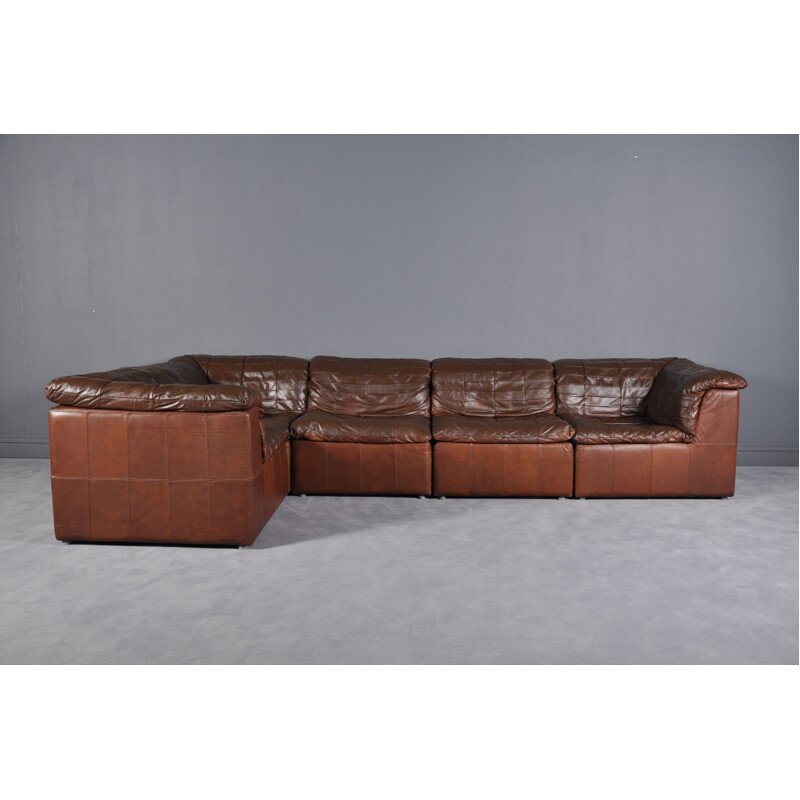 Vintage cognac leather patchwork modular sofa from Laauser