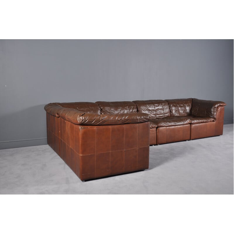Vintage cognac leather patchwork modular sofa from Laauser