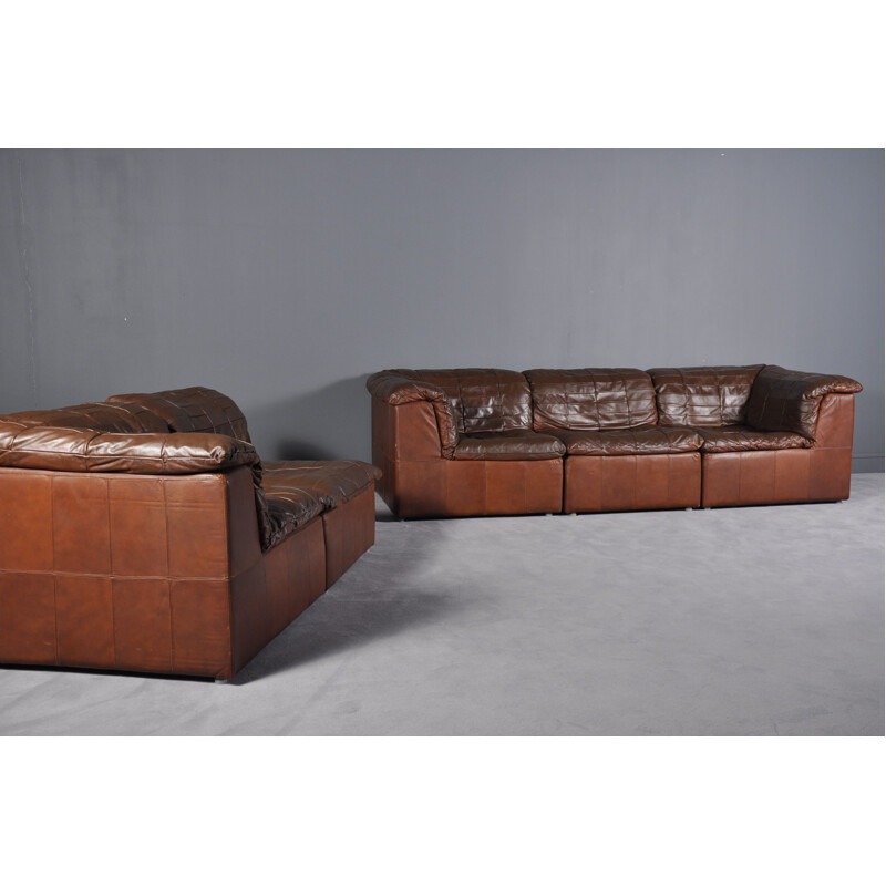 Vintage cognac leather patchwork modular sofa from Laauser