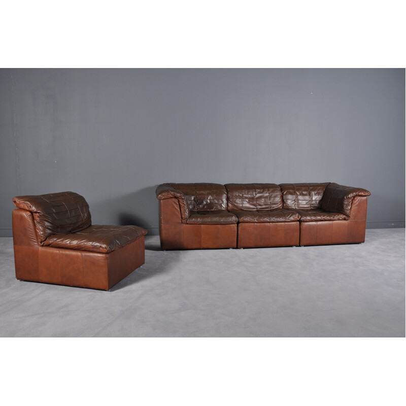 Vintage cognac leather patchwork modular sofa from Laauser