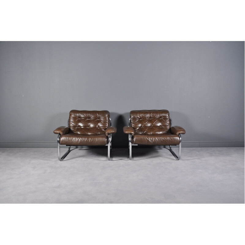 Suite de 2 fauteuils vintage en cuir par Johan Bertil Häggström pour Ikea