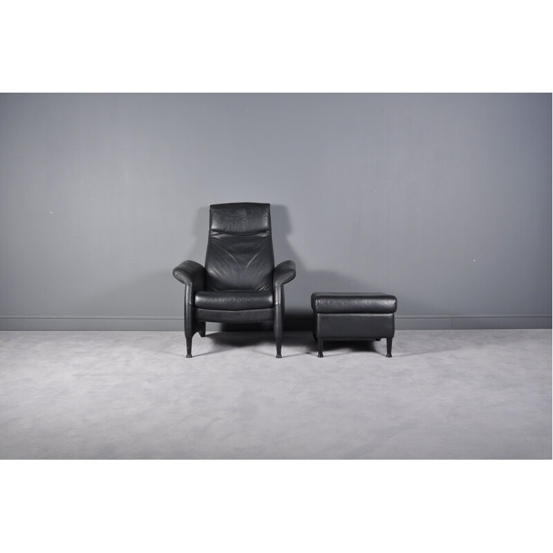 Fauteuil vintage et ottoman en cuir noir par Walter Knoll