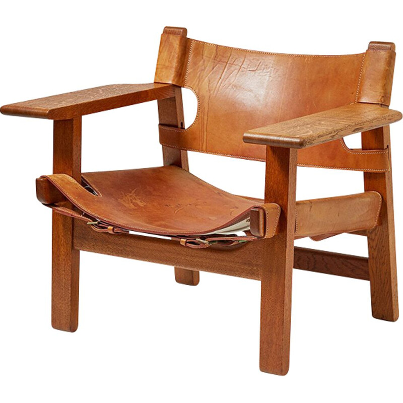 Vintage Spanish armchair in leather and oak by Borge Mogensen