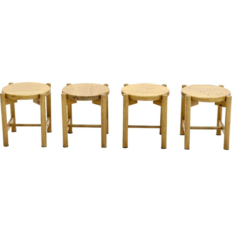 Set of 4 vintage Scandinavian stools in pine