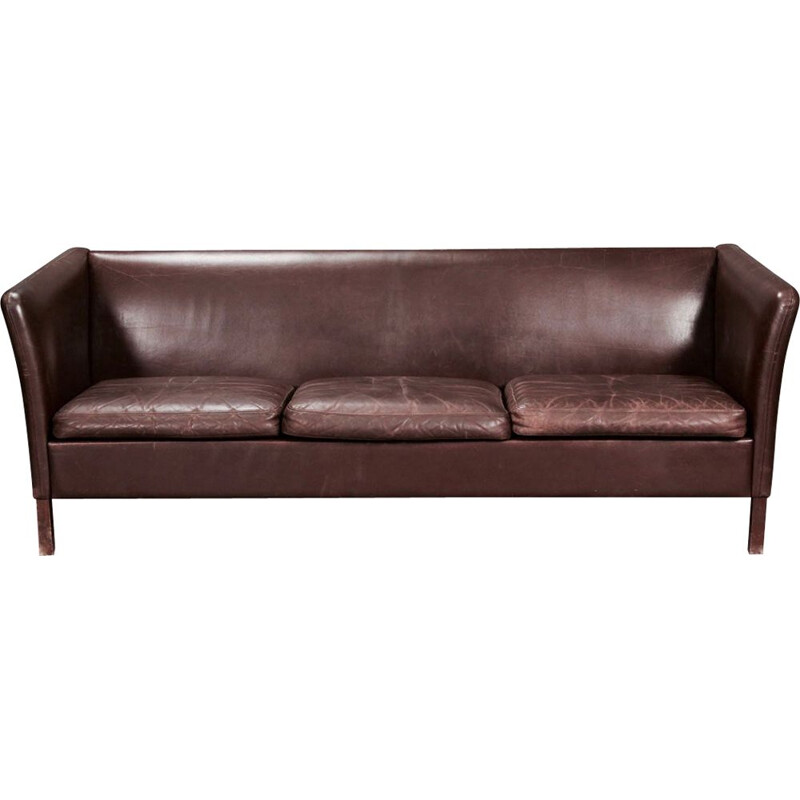 Vintage scandinavian sofa in wood and brown leather 1960