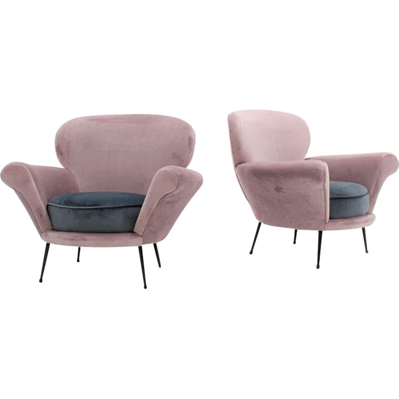 Set of 2 vintage italian armchairs in 2-toned velvet