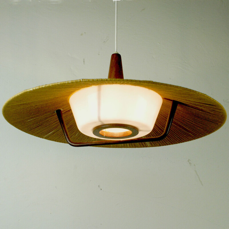 Vintage pendant lamp in teak and cord by Temde