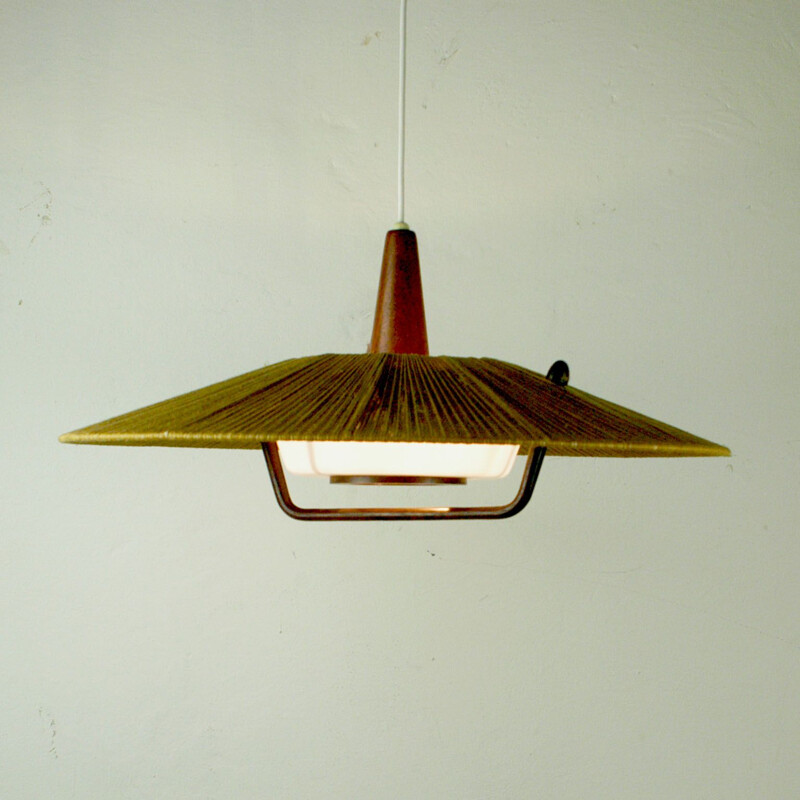 Vintage pendant lamp in teak and cord by Temde