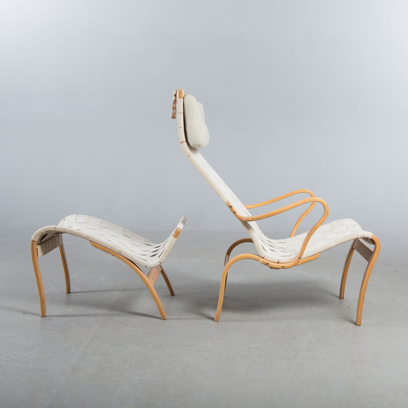 Fauteuil et ottoman Miranda en hêtre et lin, Bruno MATHSSON - 1950