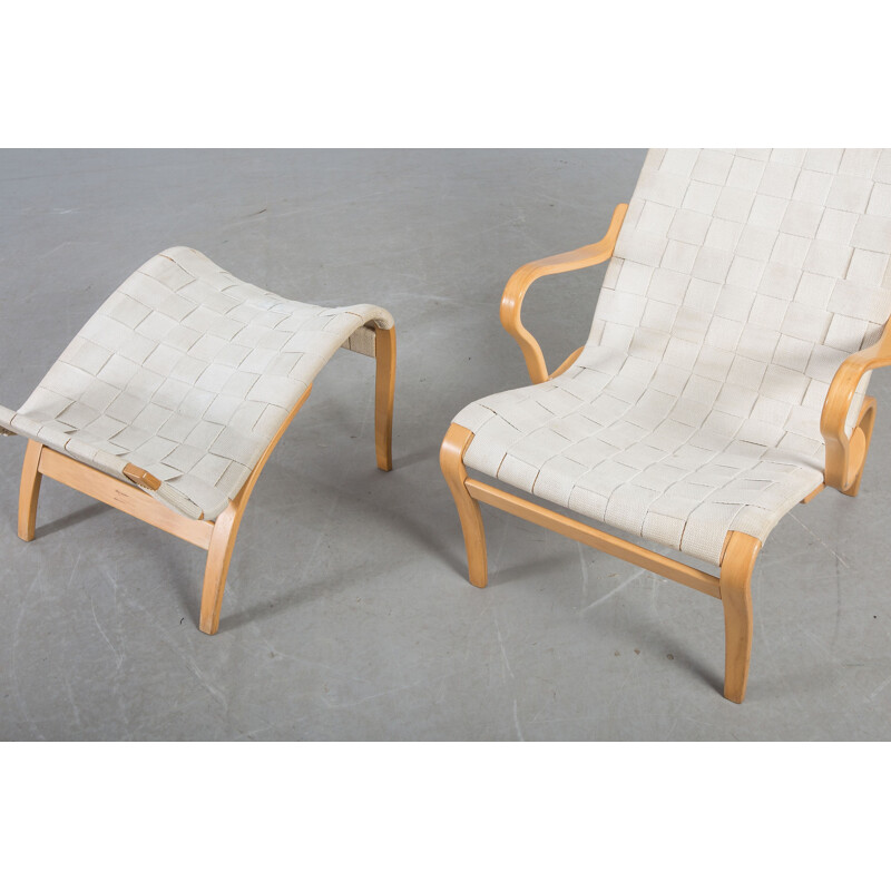 Miranda armchair and its ottoman in beechwood and linen, Bruno MATHSSON - 1950s