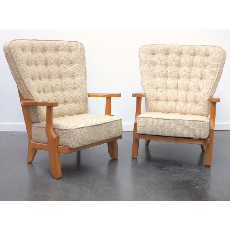 Pair of armchairs in solid oakwood and beige fabric, Robert GUILLERME & Jacques CHAMBRON - 1950s