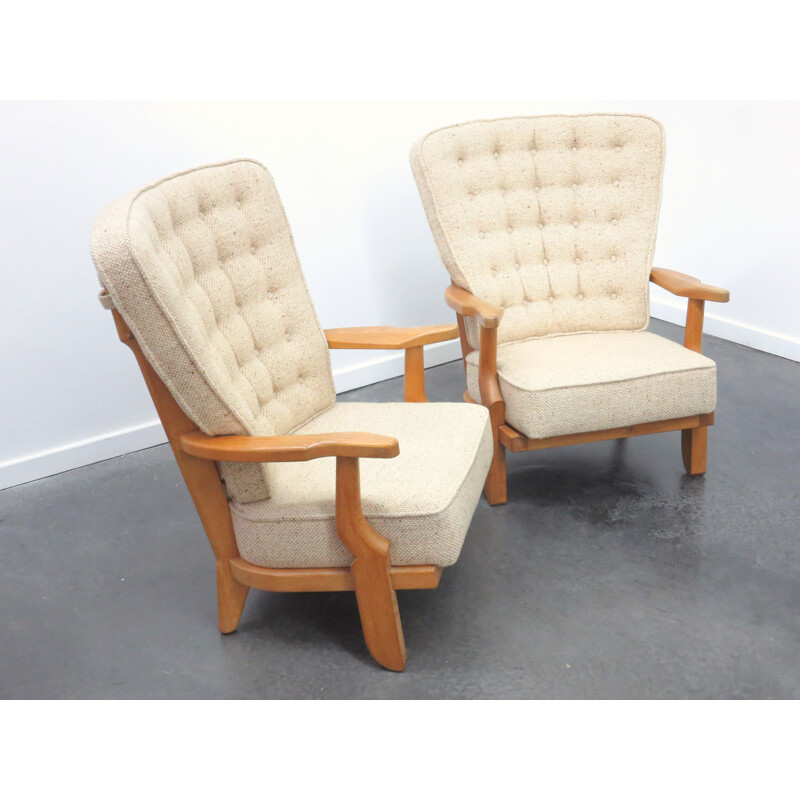 Pair of armchairs in solid oakwood and beige fabric, Robert GUILLERME & Jacques CHAMBRON - 1950s