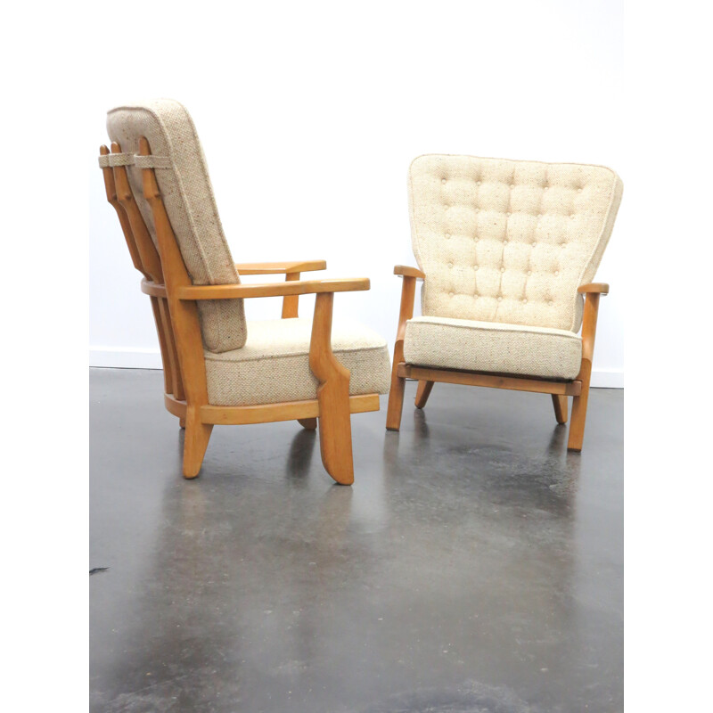 Pair of armchairs in solid oakwood and beige fabric, Robert GUILLERME & Jacques CHAMBRON - 1950s