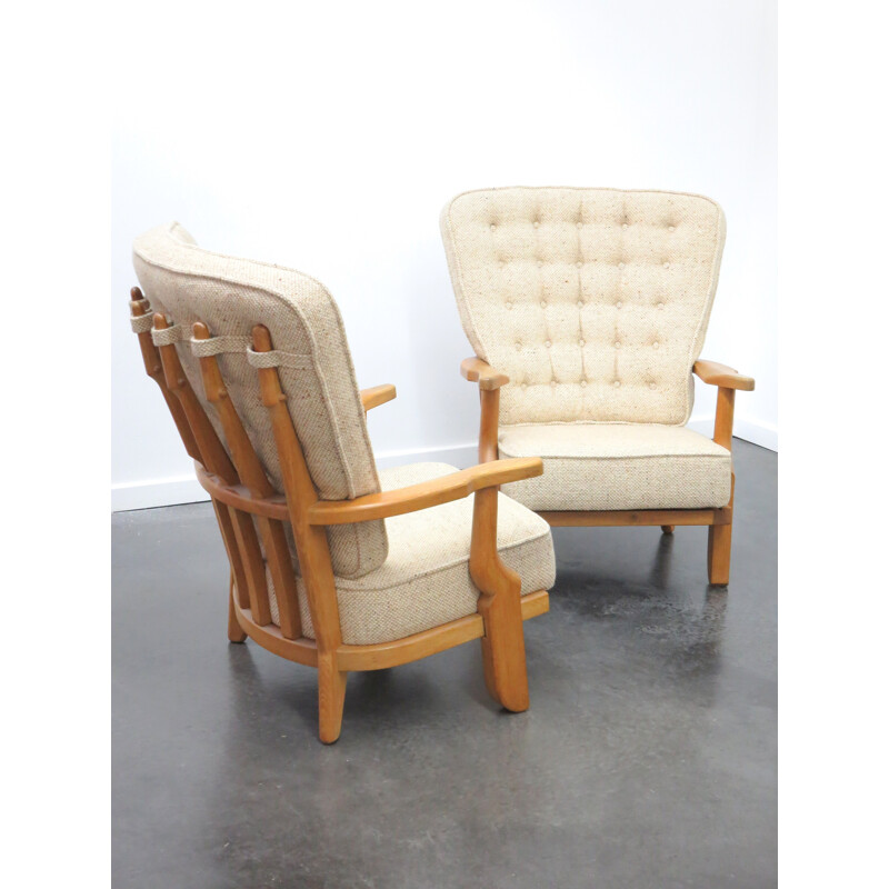 Pair of armchairs in solid oakwood and beige fabric, Robert GUILLERME & Jacques CHAMBRON - 1950s