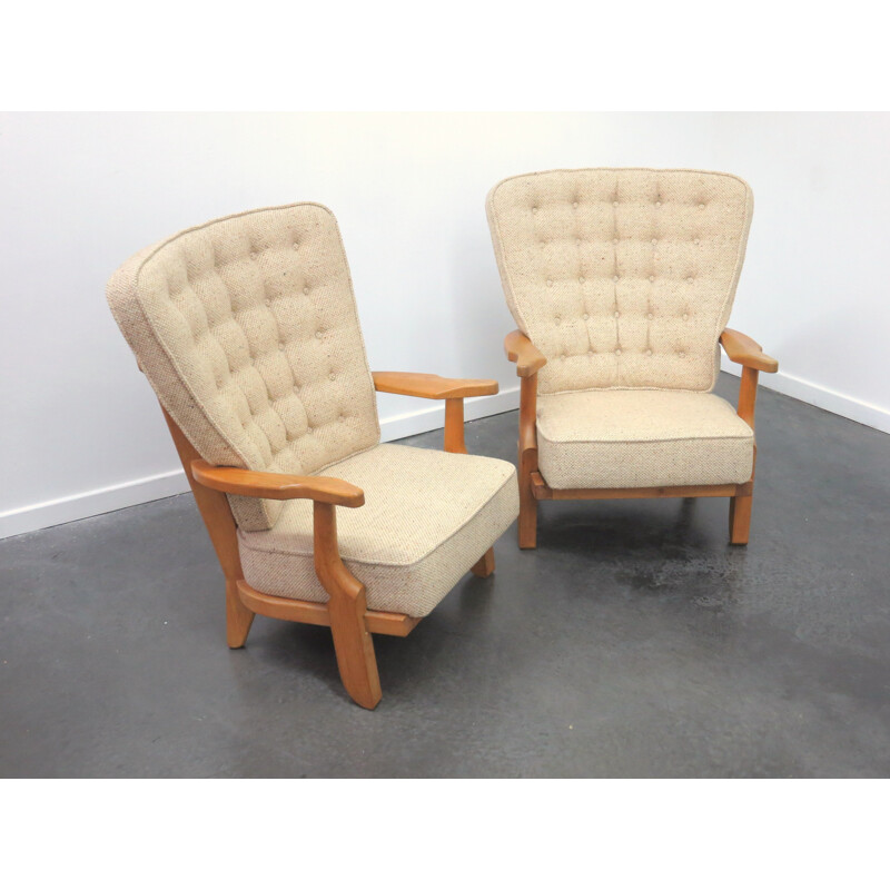 Pair of armchairs in solid oakwood and beige fabric, Robert GUILLERME & Jacques CHAMBRON - 1950s