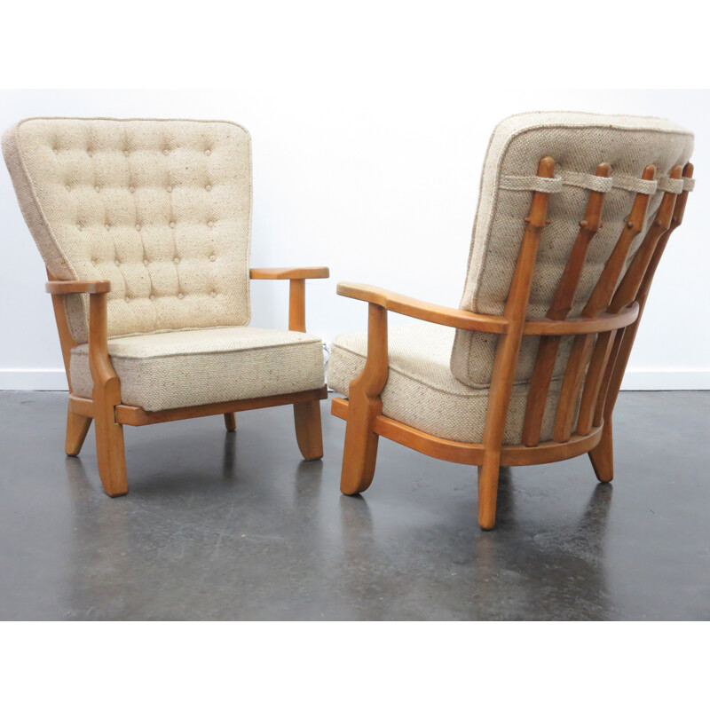 Pair of armchairs in solid oakwood and beige fabric, Robert GUILLERME & Jacques CHAMBRON - 1950s