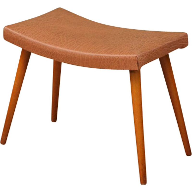 Vintage curved footstool in tan Skai