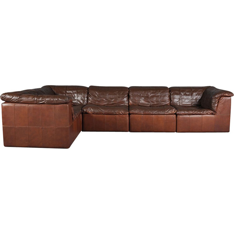 Vintage cognac leather patchwork modular sofa from Laauser