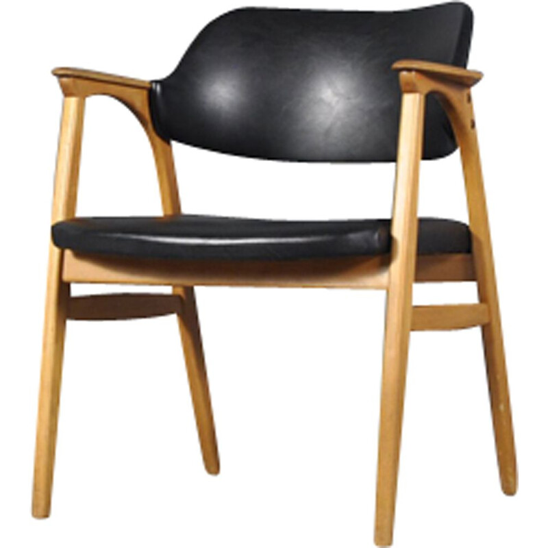 Chaise vintage danoise en chêne et faux cuir