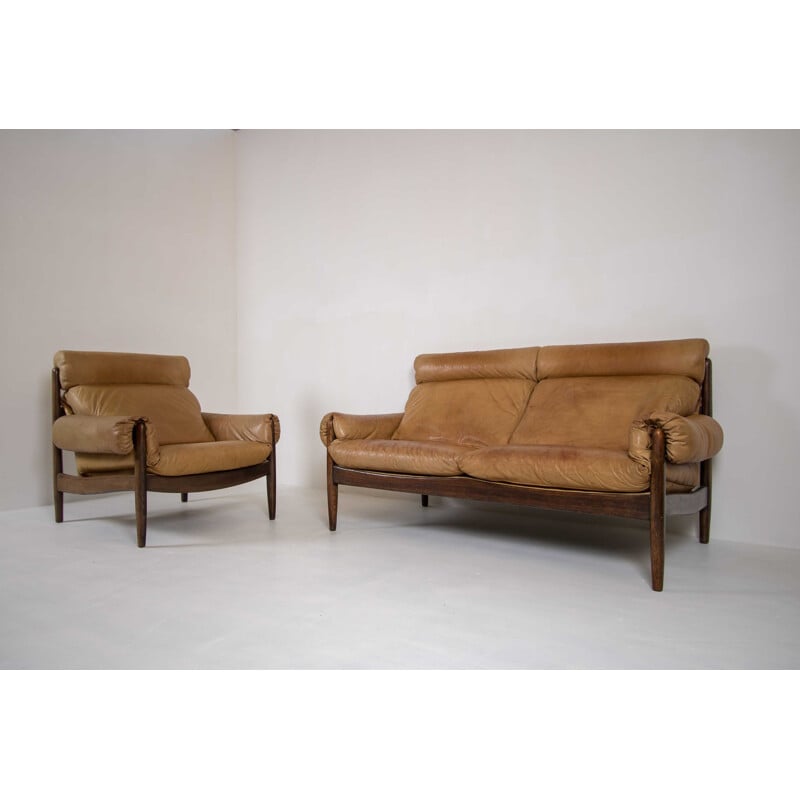 Living room set in leather and rosewood by Durlet