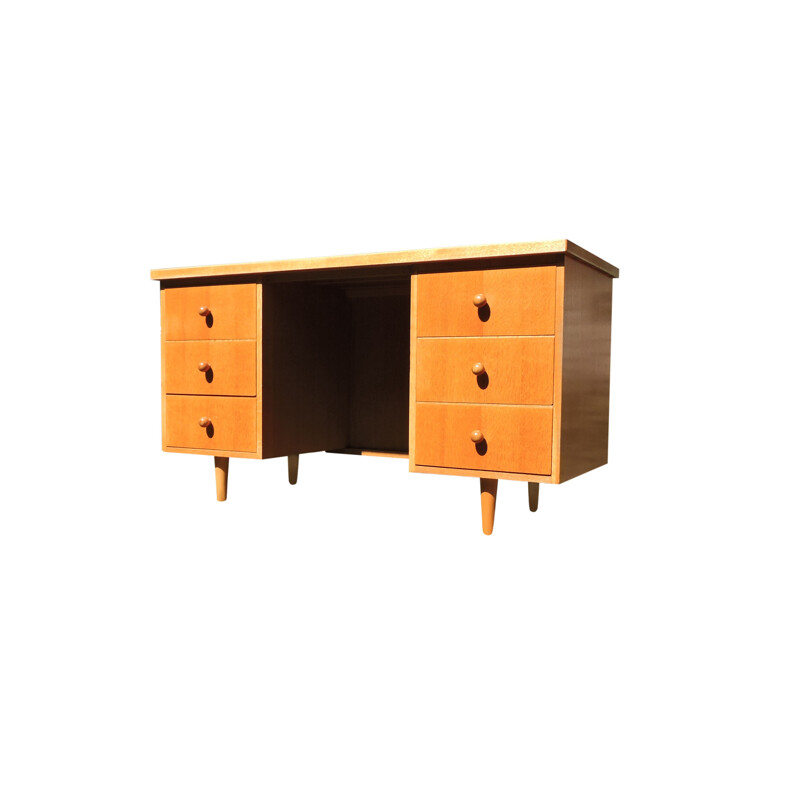 Bureau vintage en chêne à 6 tiroirs