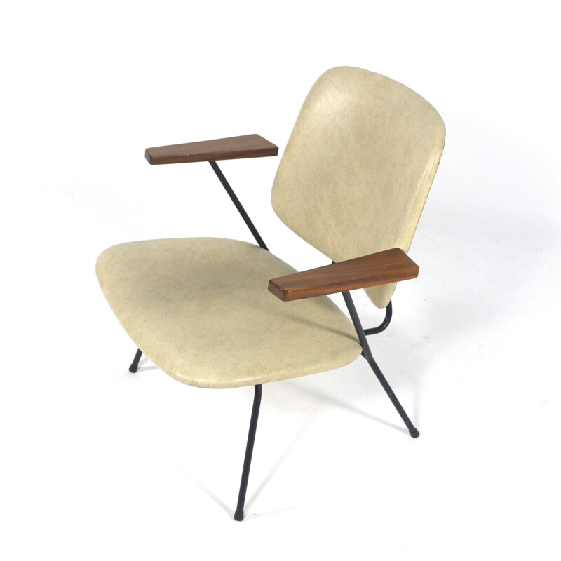 Armchair in teak, metal and cream leatherette, W.H GISPEN - 1950s