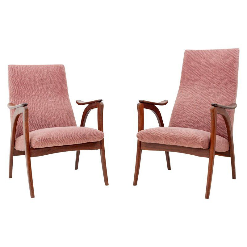 Suite de 2 fauteuils vintage roses hollandaises en teck