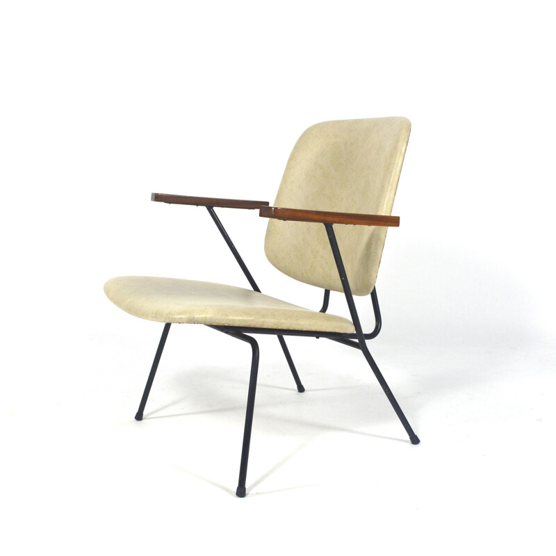Armchair in teak, metal and cream leatherette, W.H GISPEN - 1950s
