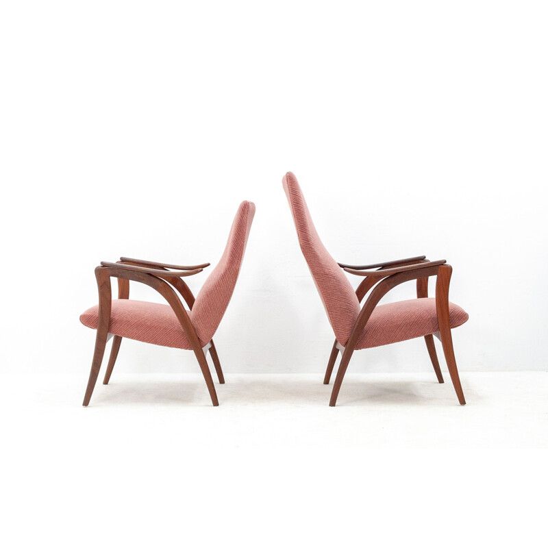Set of 2 vintage Dutch pink armchairs in teak