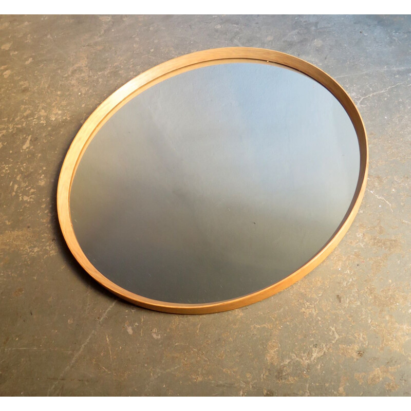 Vintage round mirror with oak frame