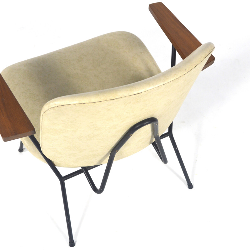 Armchair in teak, metal and cream leatherette, W.H GISPEN - 1950s