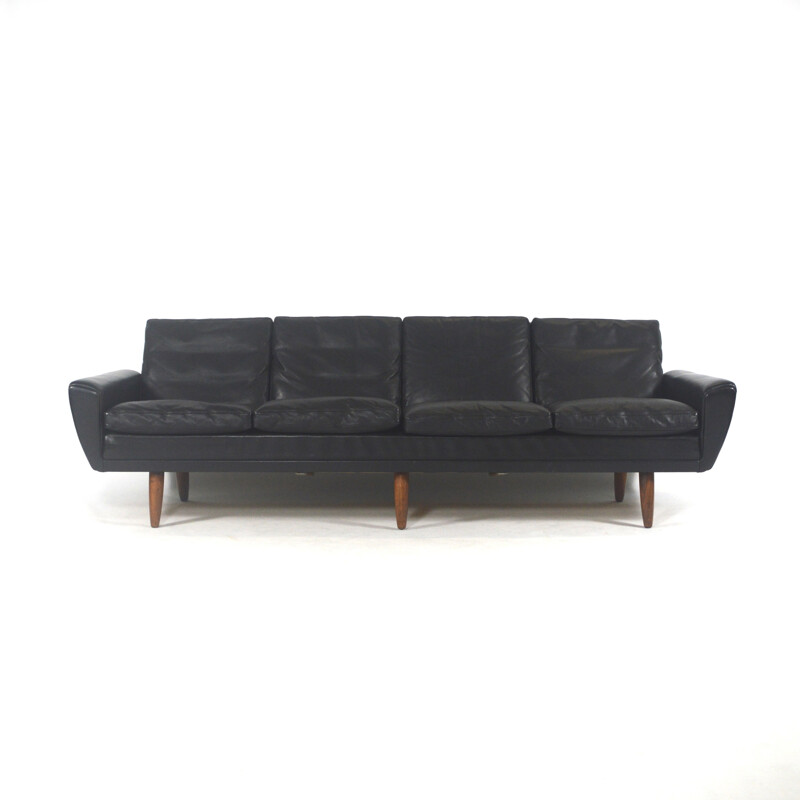 4 seater vintage sofa in black leather and rosewood, Georg THAMS - 1950s