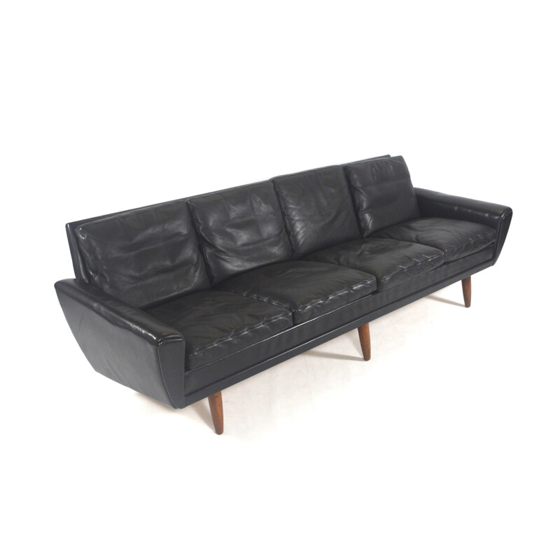 4 seater vintage sofa in black leather and rosewood, Georg THAMS - 1950s