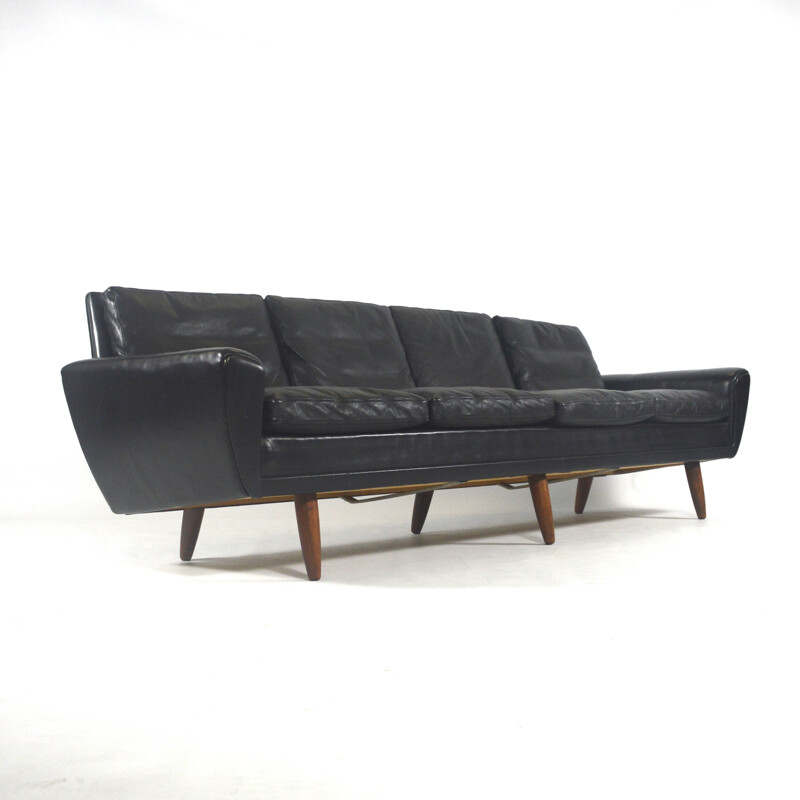 4 seater vintage sofa in black leather and rosewood, Georg THAMS - 1950s