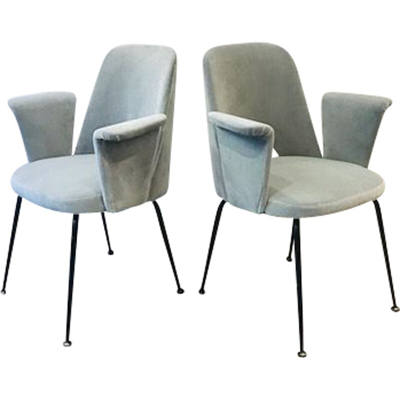 Set of 2 vintage armchairs in grey velvet
