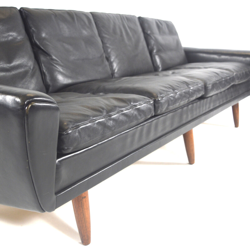 4 seater vintage sofa in black leather and rosewood, Georg THAMS - 1950s