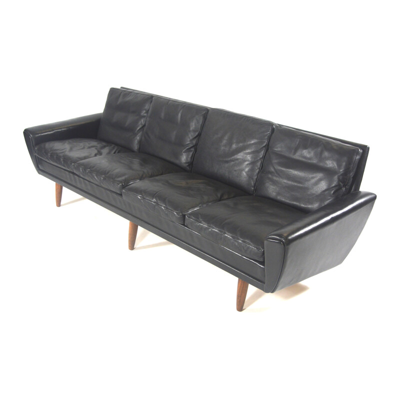 4 seater vintage sofa in black leather and rosewood, Georg THAMS - 1950s