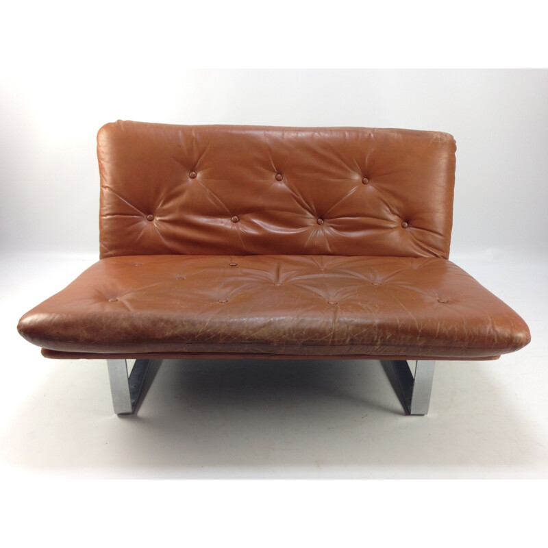 Vintage sofa for Artifort in brown leather and metal 1960