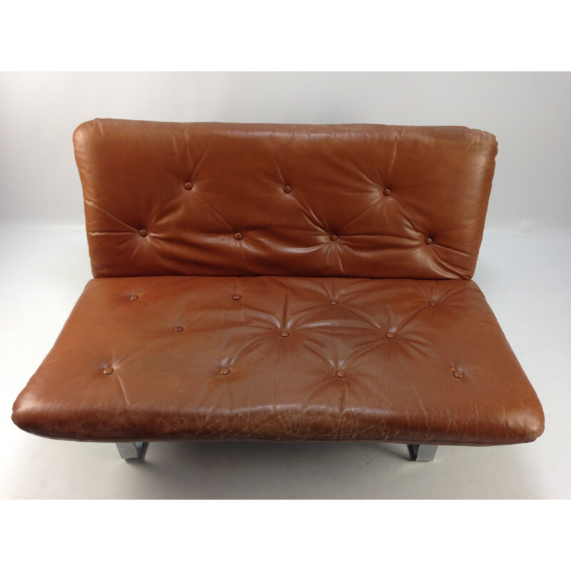 Canapé vintage pour Artifort en cuir marron et métal 1960