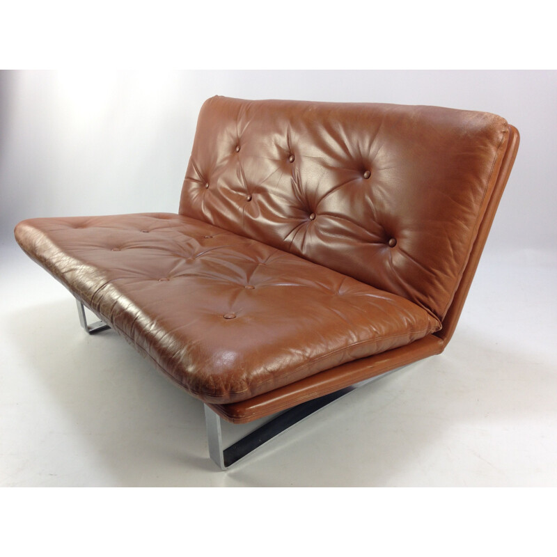 Vintage sofa for Artifort in brown leather and metal 1960