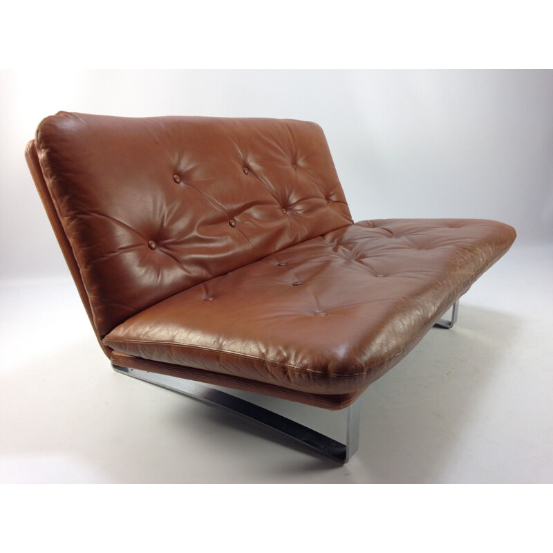 Vintage sofa for Artifort in brown leather and metal 1960