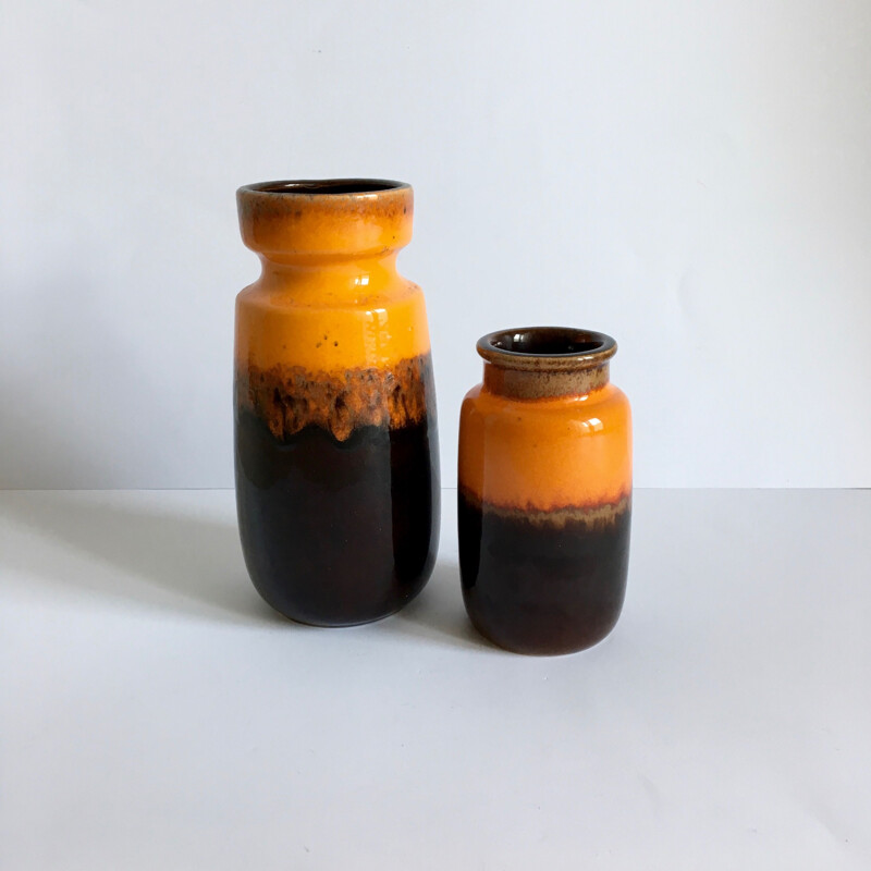 Ensemble de 2 vases vintage Scheurich en céramique noire et jaune 1960