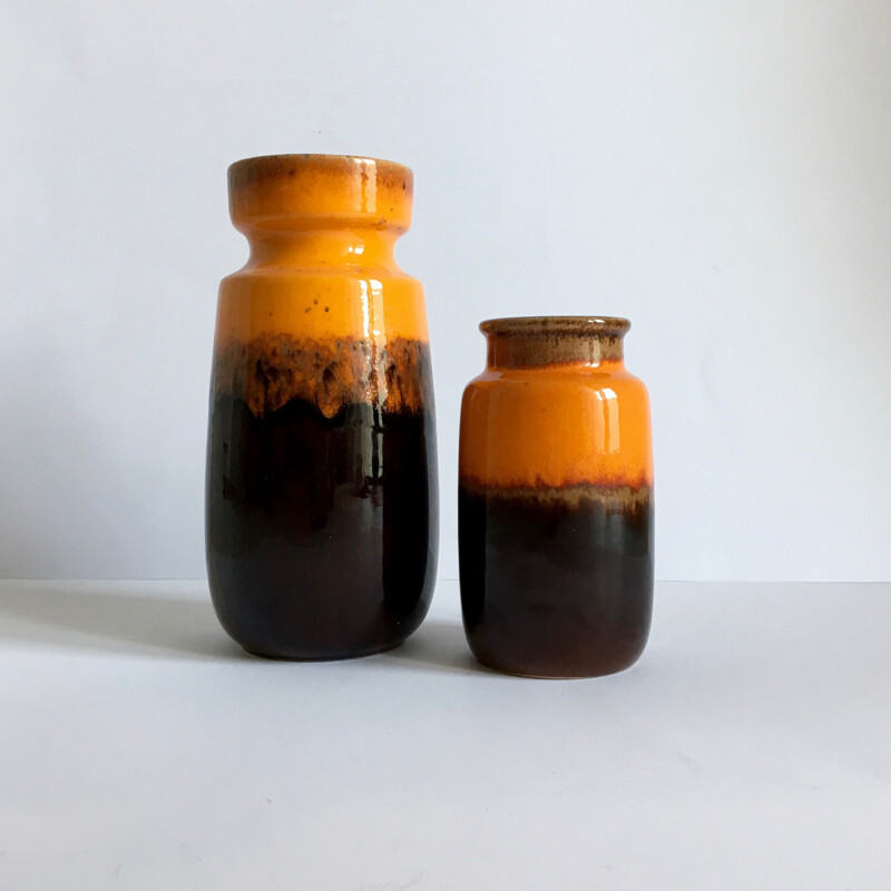 Set of 2 vintage Scheurich Vases in black and yellow ceramic 1960s