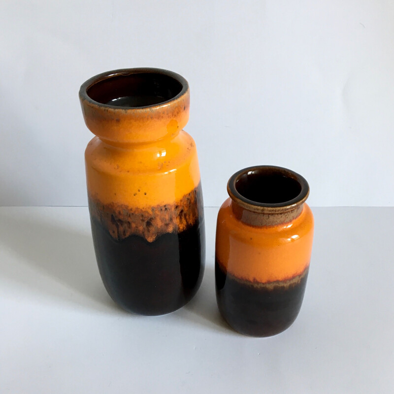 Set of 2 vintage Scheurich Vases in black and yellow ceramic 1960s