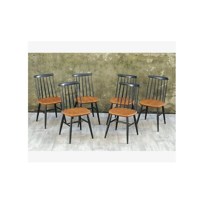 Série 6 chaises vintage bicolores en bois 1960