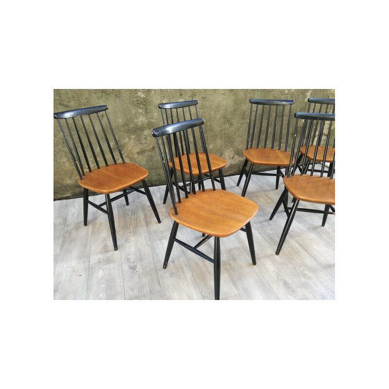 Série 6 chaises vintage bicolores en bois 1960