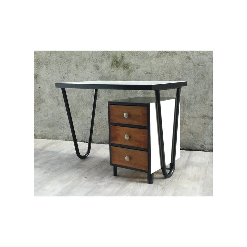 Vintage black modernist desk in metal and wood 1950