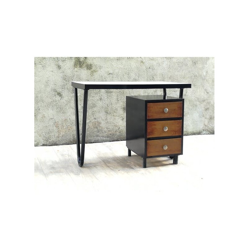 Bureau vintage moderniste noir en métal et bois 1950